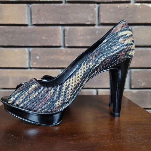 Carlos Carlos Santana ultra platform spike high heels peep toe trial print shoes - Picture 6 of 11